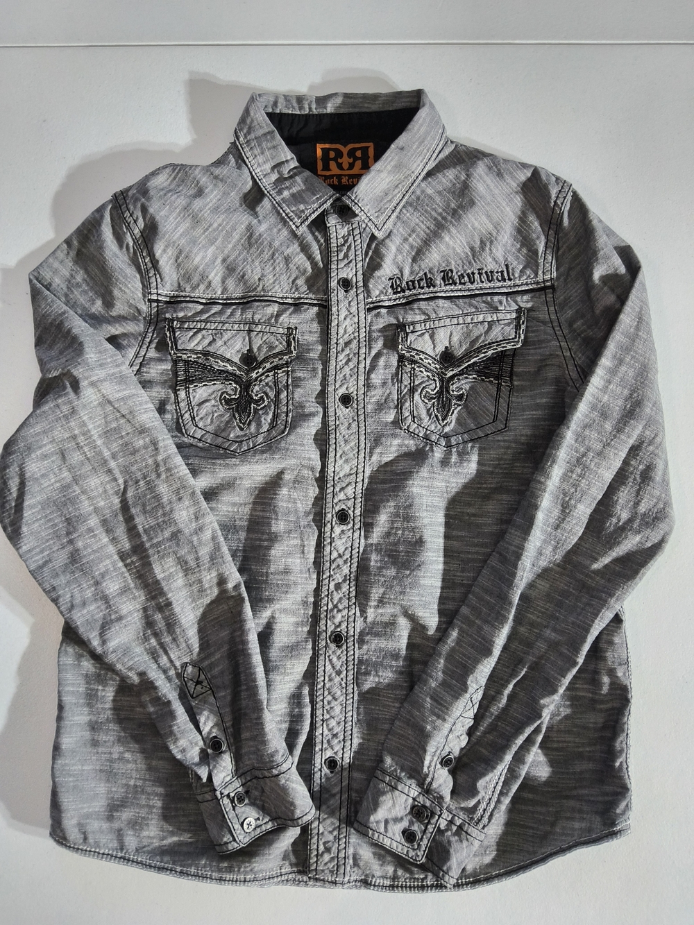 Rock Revival Men’s Med Gray Button-Up Grunge Goth Shirt